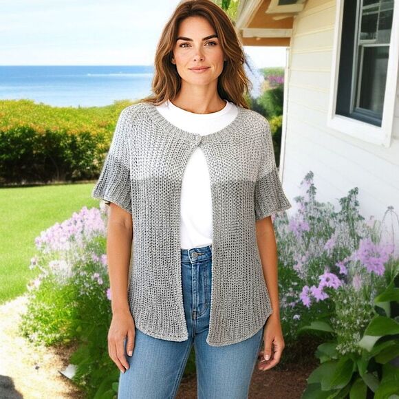 Chicos Open Knit Cardigan Sz 0 S Sweater Short Sleeve Shrug Capsule Luxury Gray - Picture 1 of 16